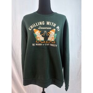 Green Crew Neck Sweatshirt Snowman‎ Graphic Long Sleeve Cozy Winter Holiday